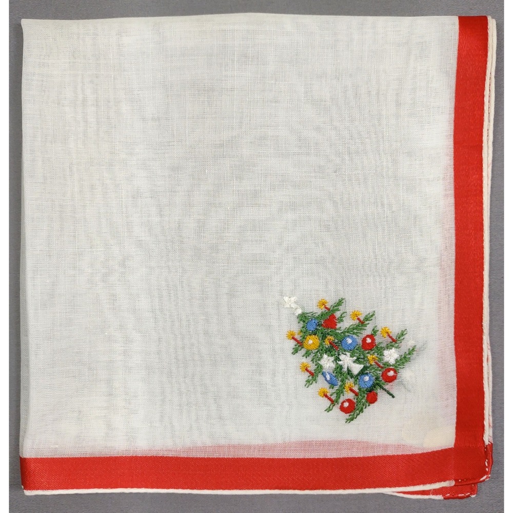 Vtg Glamour Girl Christmas Hankie 12.25x12.5 Hand Rolled Switzerland Embroidered